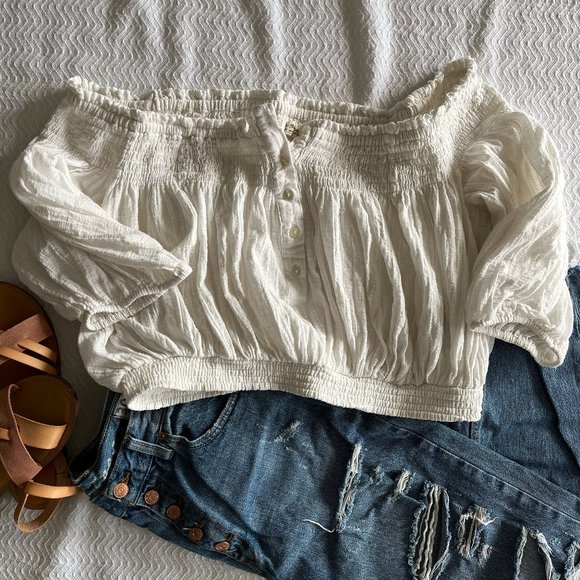 We The Free Gauze Off The Shoulder Smock Crop Top - Picture 1 of 11